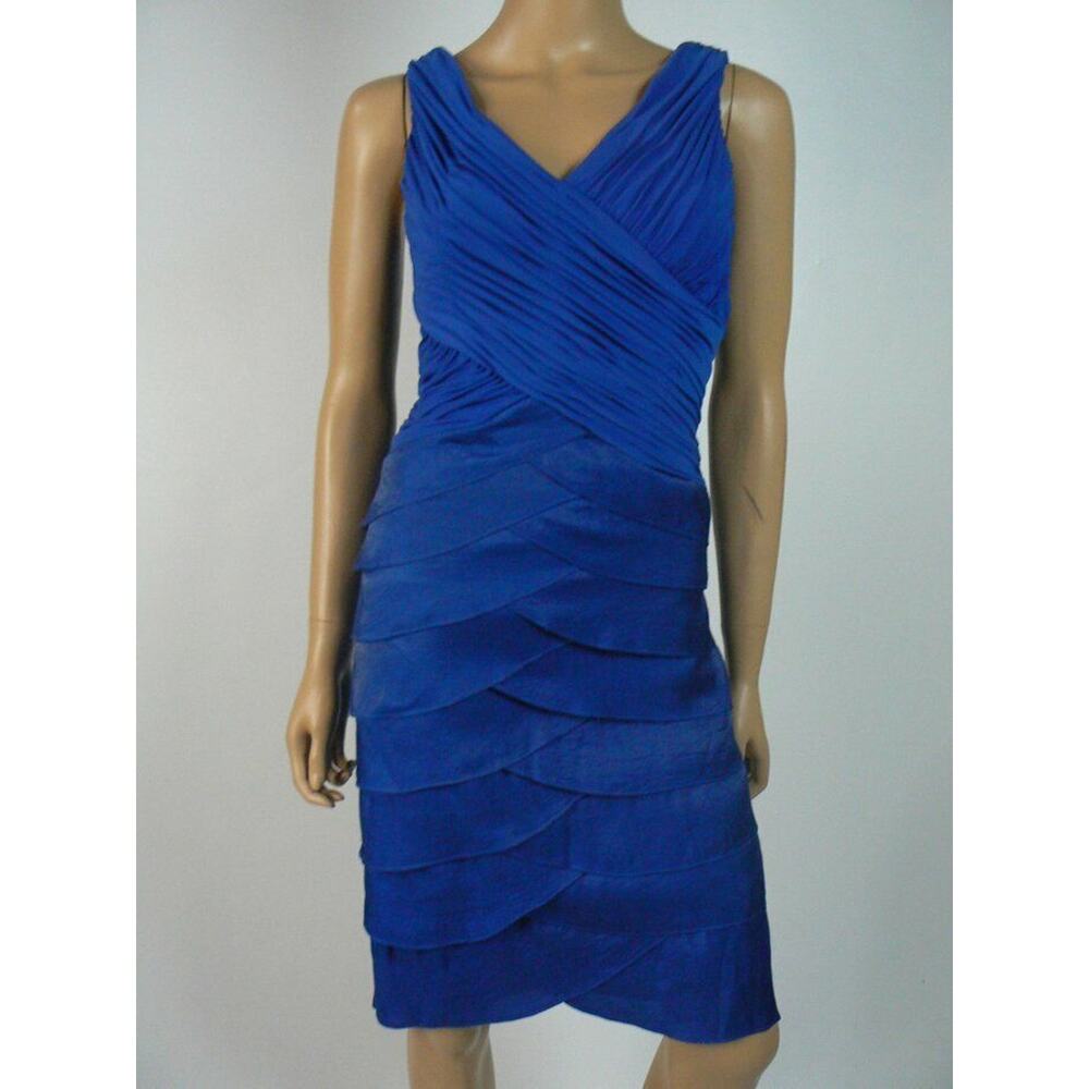 $120 Chaya Sapphire Blue Jersey Vneck Satin Tiered Sheath Dress 8  NEW